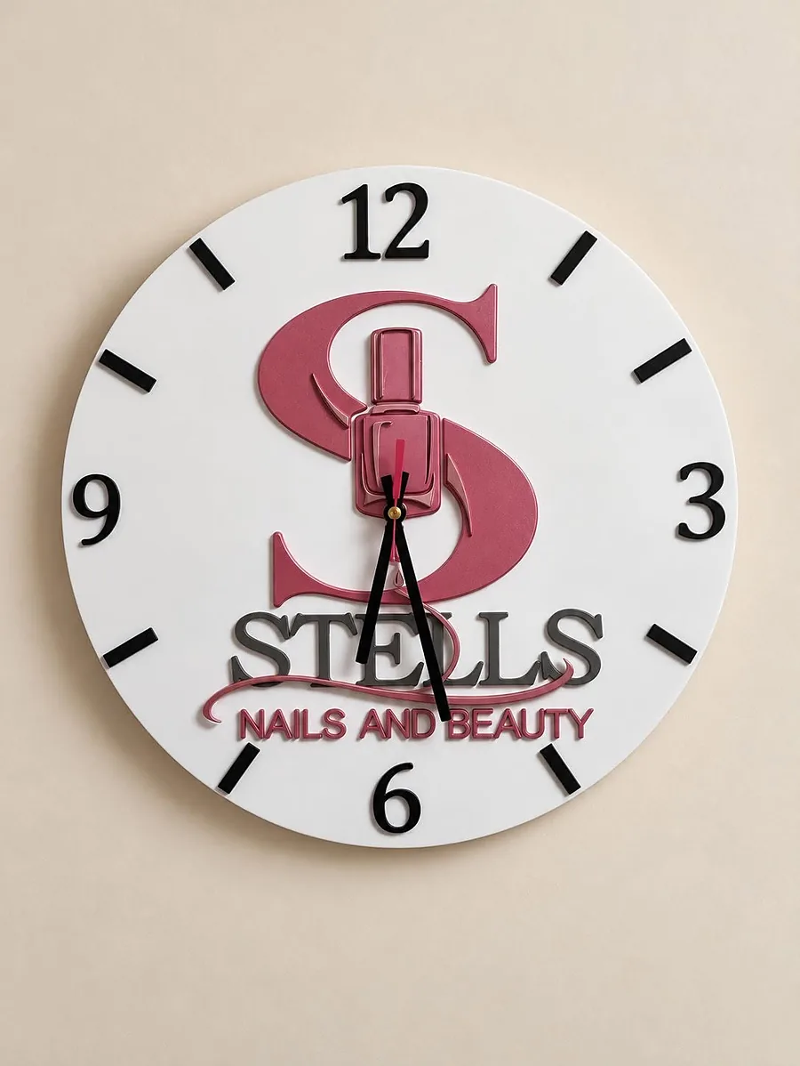 White round wall clock with the pink Stell's Nails and Beauty logo and black numerals