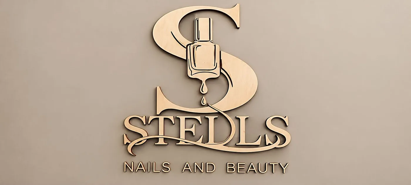 Layered wooden Stell's Nails and Beauty logo with a nail polish bottle in the S